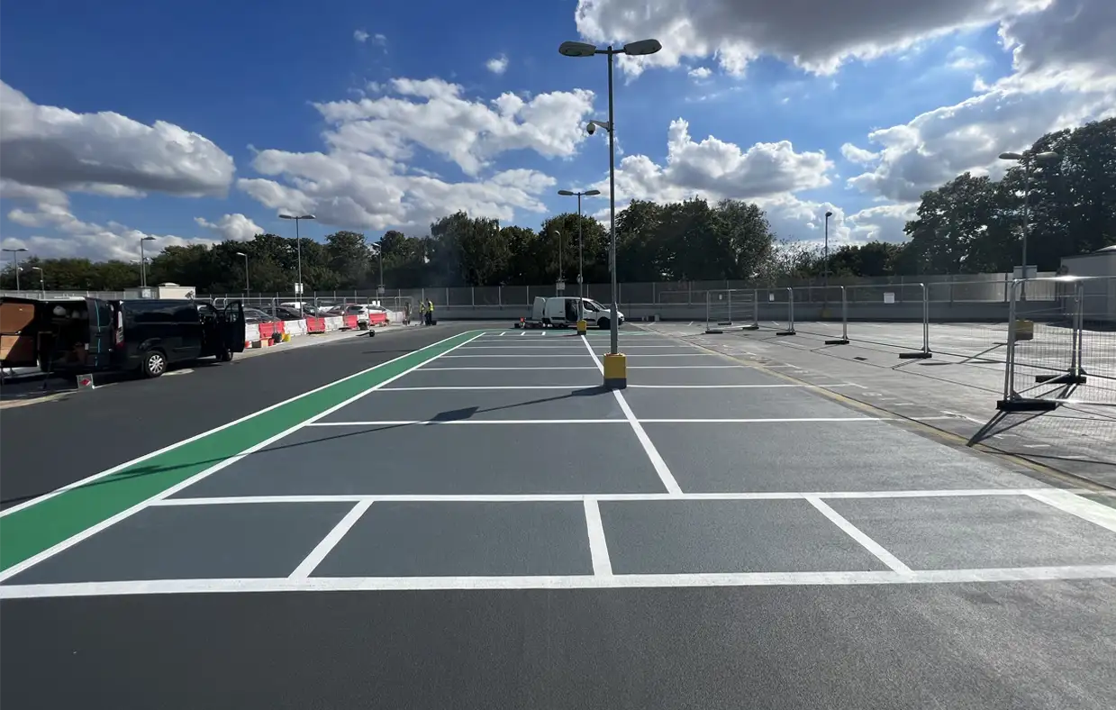 Professional marking and striping services for clear, precise, and durable parking lot lines and road markings.