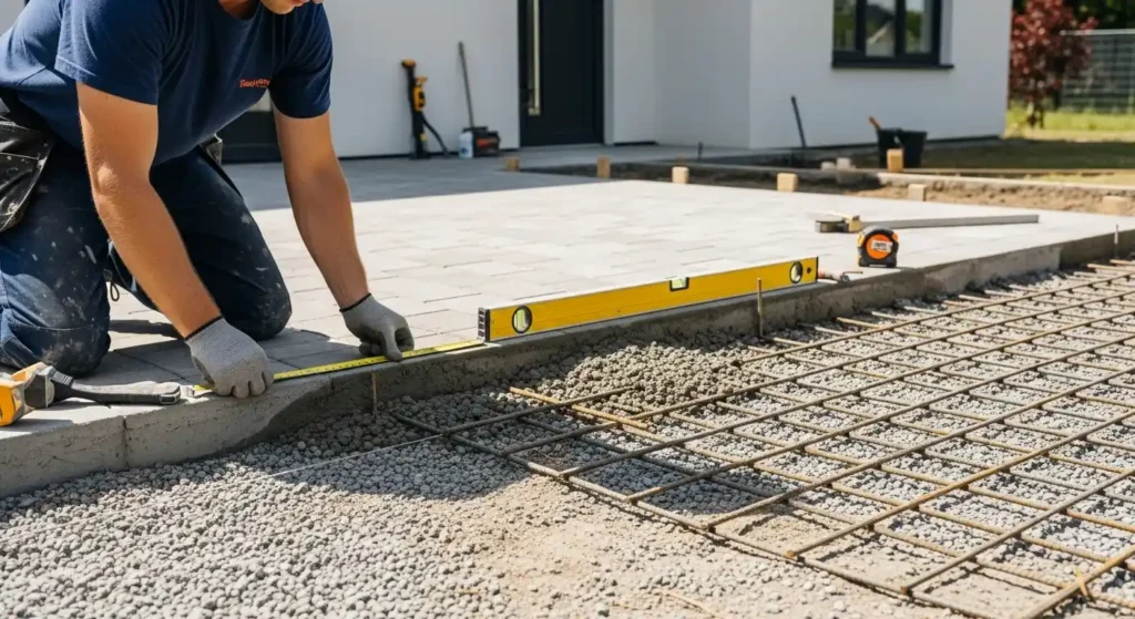 Contractor measuring 4-inch concrete walkway thickness in front of a modern home, showing gravel base and rebar for reinforcement under bright daylight — illustrating proper concrete installation depth and quality craftsmanship.