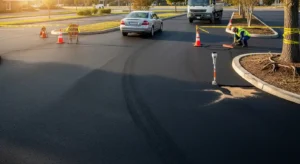 Vertical image of a freshly paved driveway with asphalt curing stages. Timeline highlights safe walking, light vehicle use, and heavy truck restrictions. Maintenance icons show sealcoat application, crack repairs, and prevention of water or root damage.