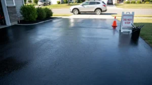 Freshly sealed black asphalt driveway drying in sunlight with tools and safety cones nearby