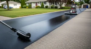 Homeowner applying sealant to a blacktop driveway with a roller, showing clear contrast between freshly sealed glossy asphalt and unsealed faded surface, with a suburban house and clean outdoor setting, featured image for the blog “How to Seal Your Blacktop Driveway?