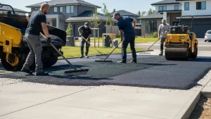 Professional crew installing hot asphalt overlay over an existing concrete driveway.
