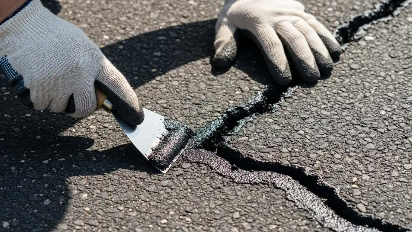Applying asphalt crack filler to repair cracks in a blacktop driveway using a putty knife