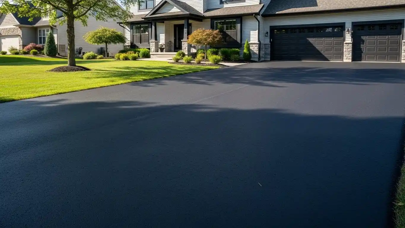 Smooth blacktop driveway after professional crack repair and sealcoating with no visible damage