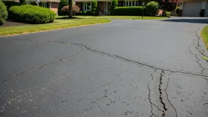Cracked blacktop driveway showing hairline and wide asphalt cracks in a residential setting