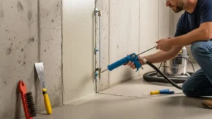 Homeowner sealing a vertical foundation crack using epoxy injection ports
