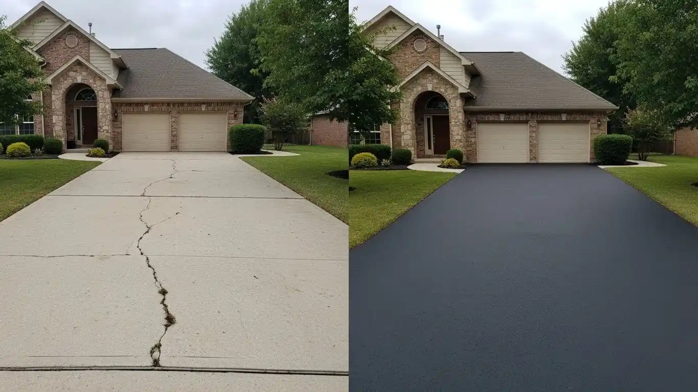 Before and after view of a cracked concrete driveway transformed with a smooth asphalt overlay.