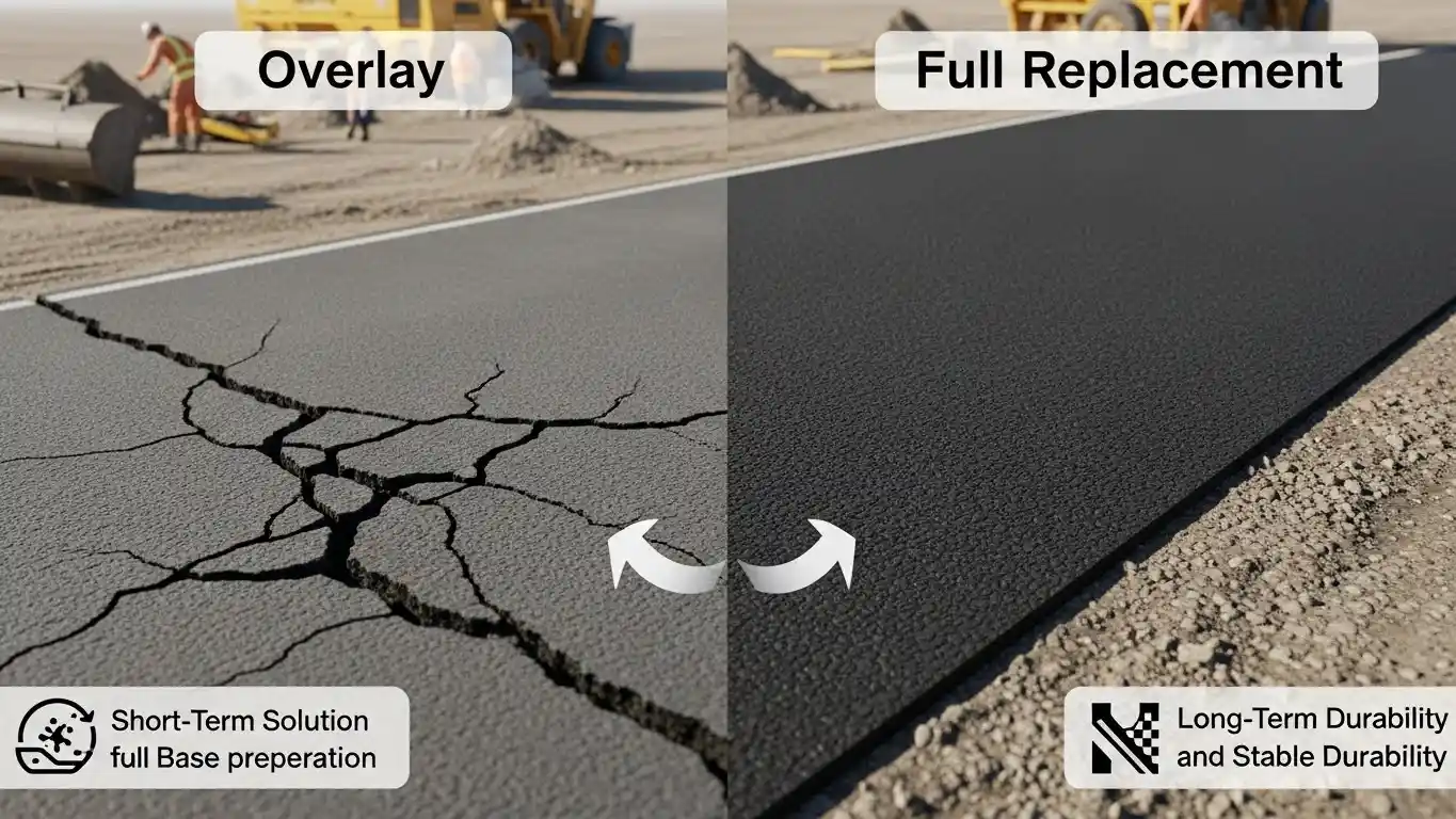Commercial asphalt road with a new overlay showing reflective cracks, potholes, and water pooling, highlighting the common disadvantages of asphalt overlay in real-world pavement.