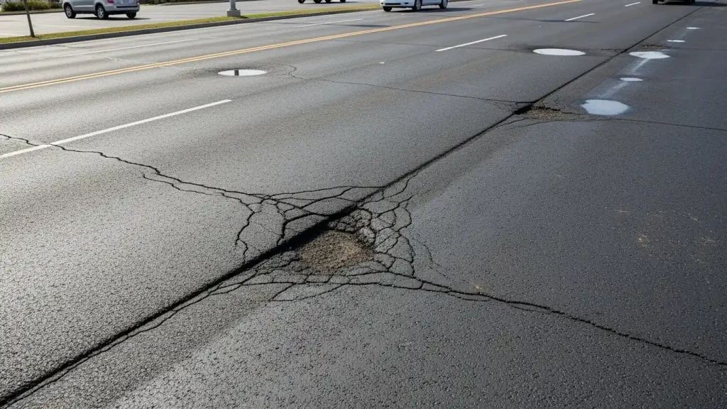 3D cross-section of asphalt pavement showing old cracked asphalt, a new overlay layer, reflective cracks, and water trapped beneath the surface, illustrating common asphalt overlay disadvantages.