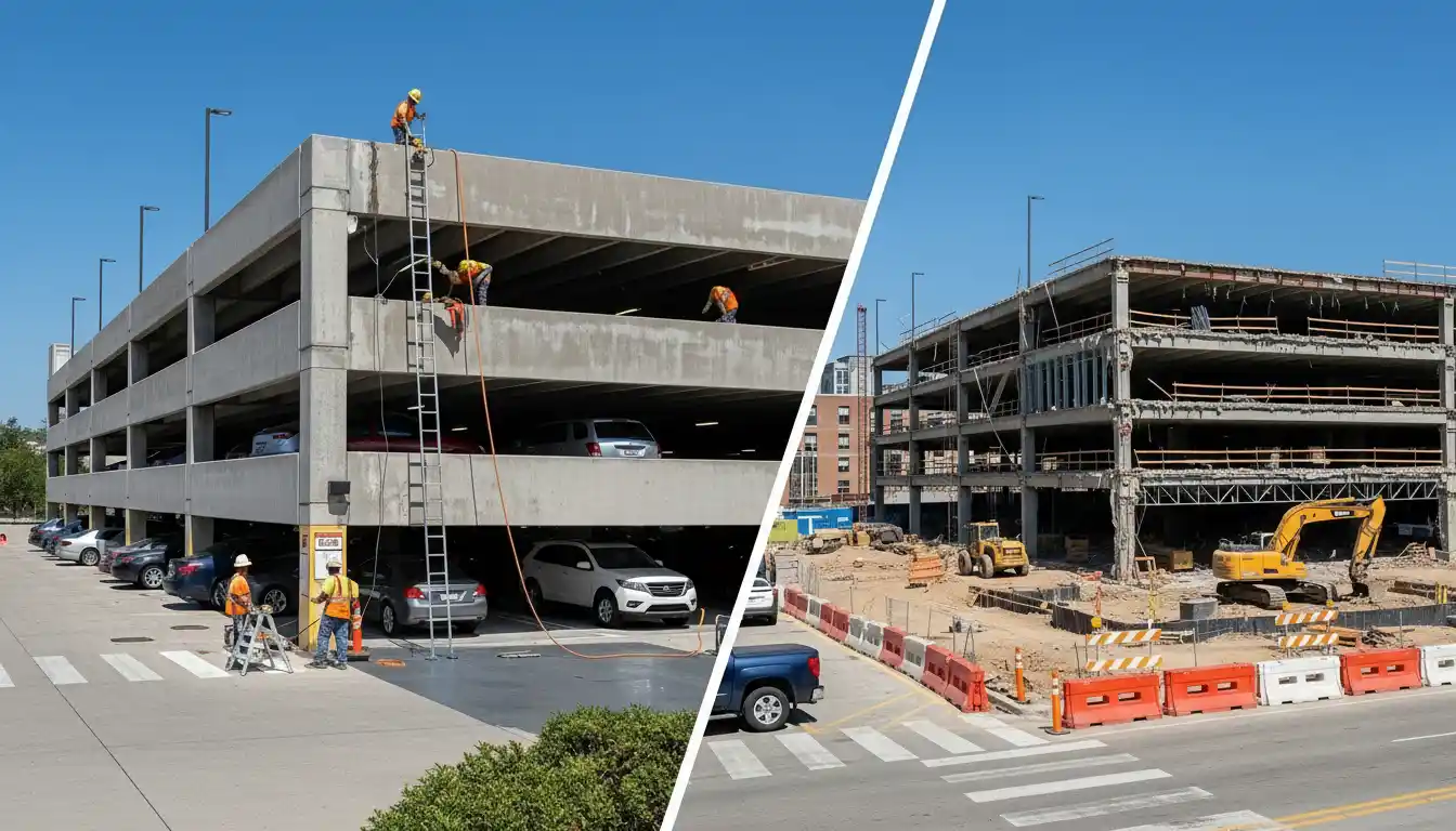 Structural engineer inspecting localized concrete damage and expansion joints inside an aging parking structure