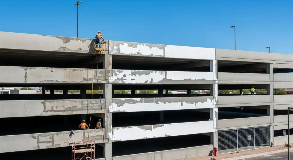 Parking garage renovation in progress with concrete repairs and waterproofing instead of full demolition in Phoenix, AZ