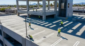 Aerial view of a multi-level parking structure in Phoenix, AZ, showing concrete decks, drains, and workers inspecting waterproofing membranes for durability and safety.