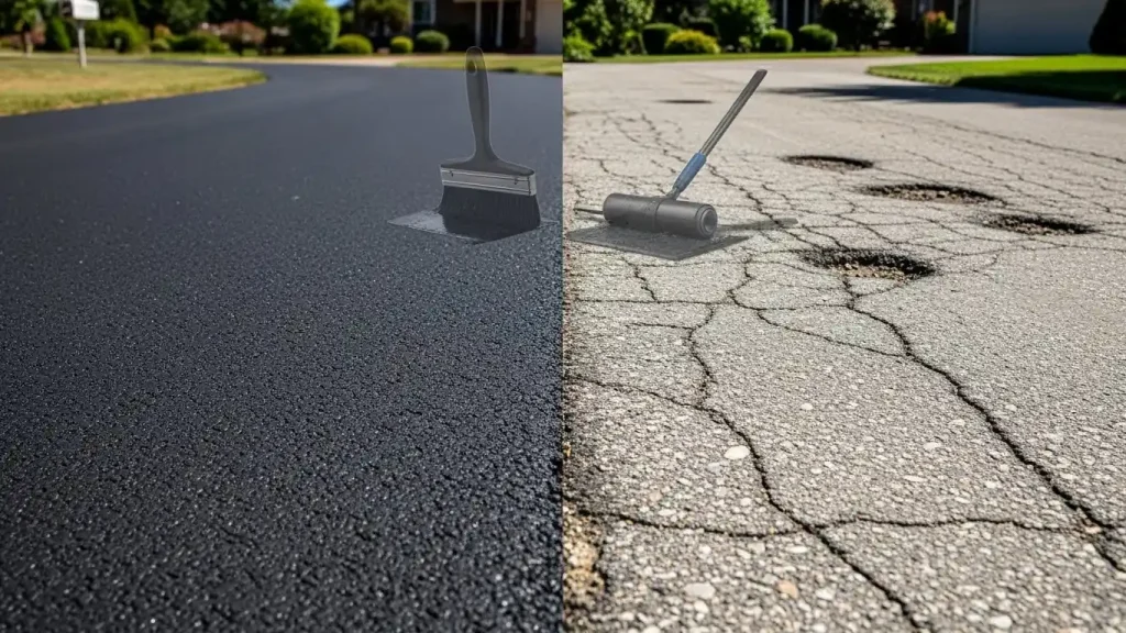 Asphalt pavement showing cracks and surface wear caused by traffic load and weather conditions