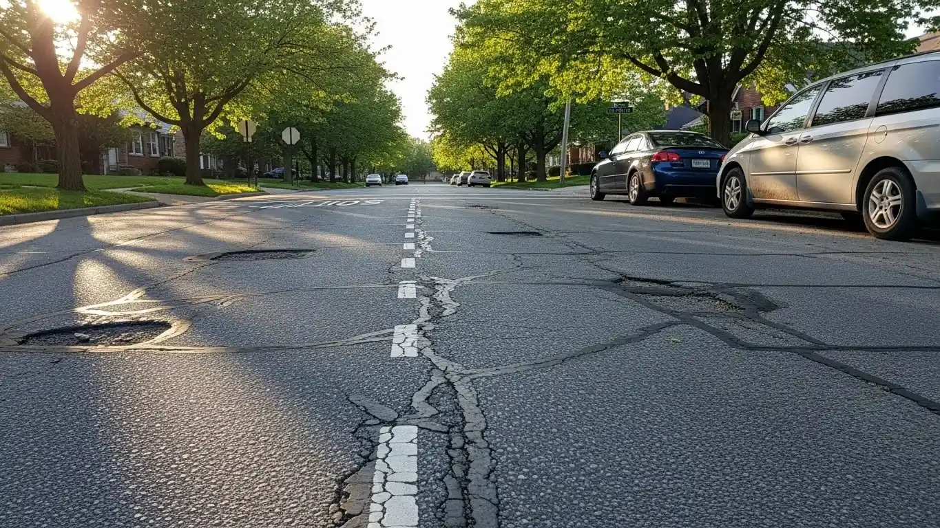 Residential asphalt road with visible cracks, small potholes, and aging pavement under sunlight