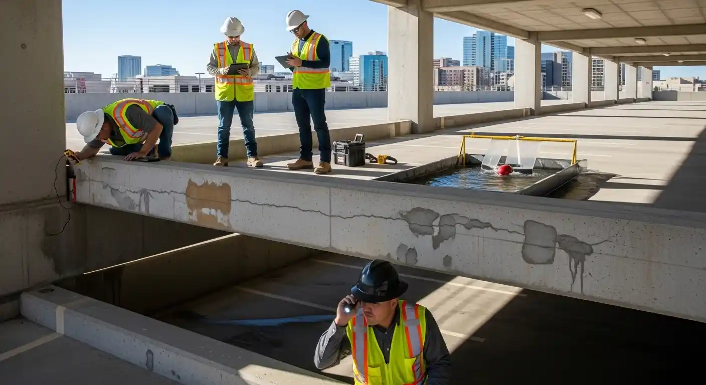 Parking structure inspectors in Phoenix, AZ examining concrete surfaces, joints, and drainage systems with moisture meters to ensure effective waterproofing and prevent water damage.