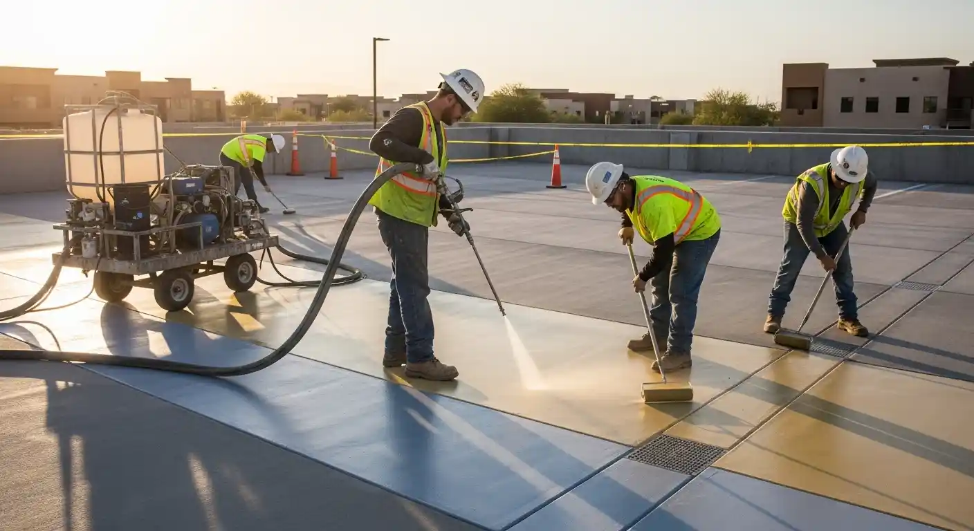 Technicians applying liquid-applied waterproofing membrane on a concrete parking deck in Phoenix, AZ, focusing on joint sealing, drains, and professional installation for long-term protection.