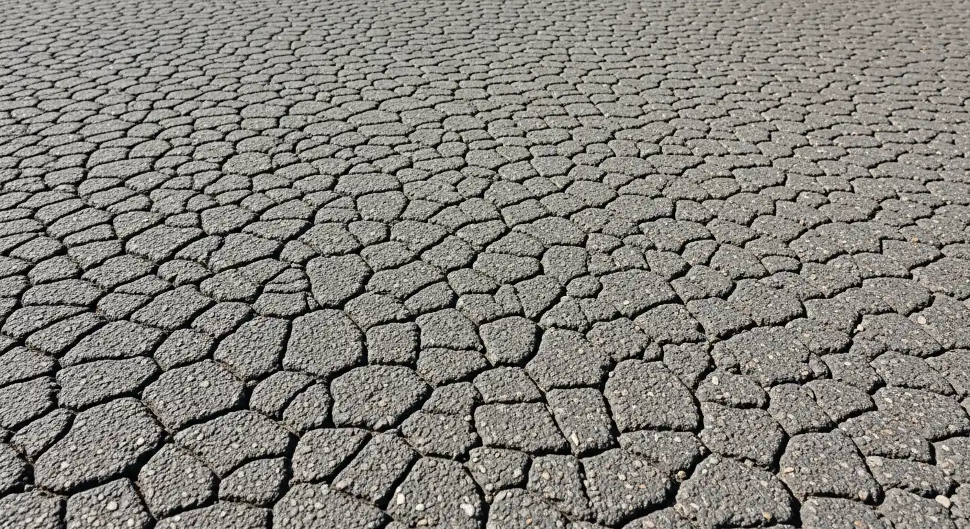 Detailed view of alligator-style asphalt cracks in a high-traffic area, indicating structural pavement failure.