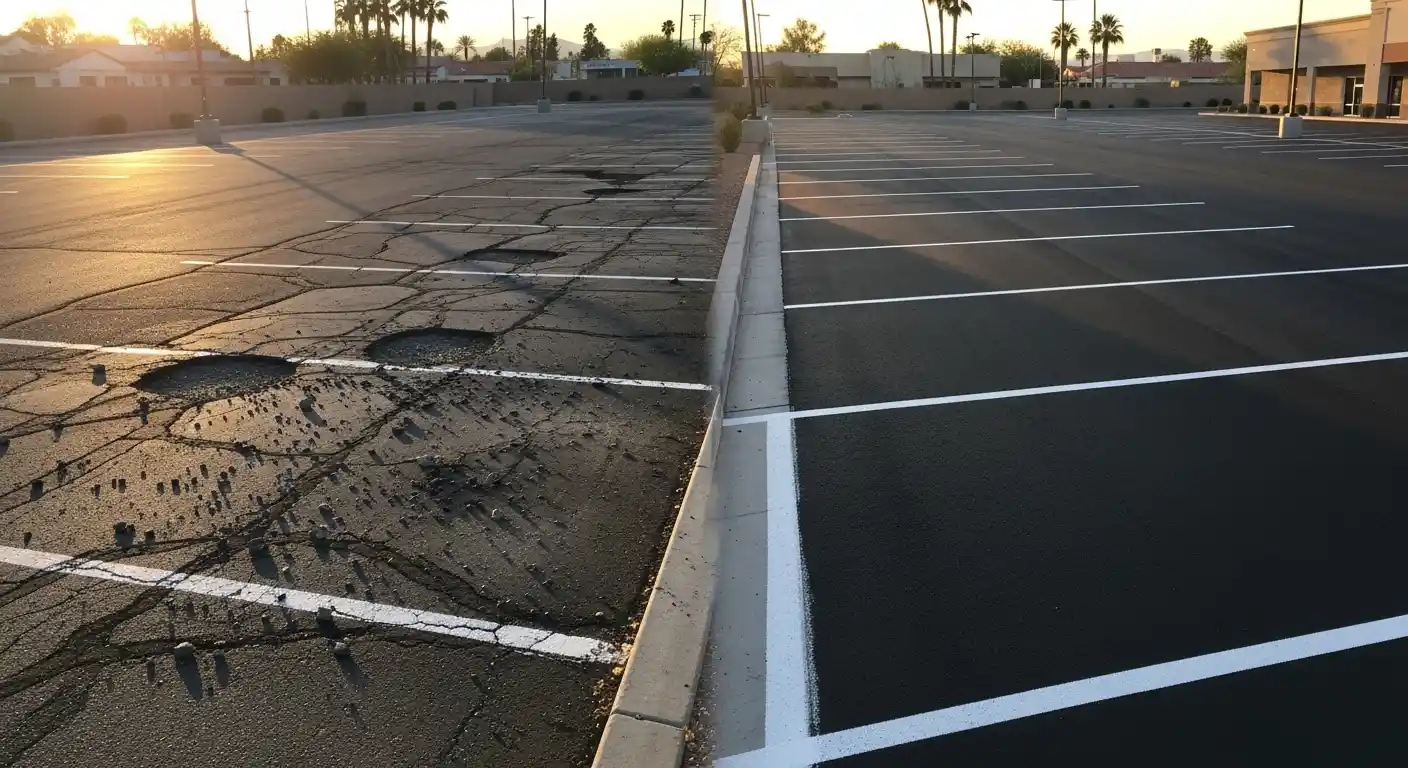 Before-and-after asphalt repair: cracked pavement transformed into smooth, sealed surface in Phoenix, AZ.