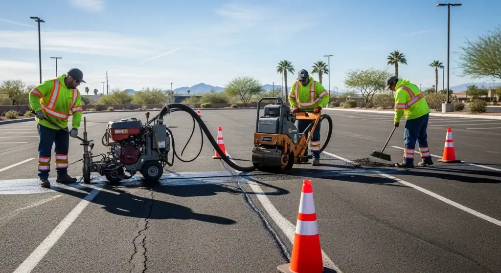 Professional crew repairing asphalt cracks in a commercial parking lot in Phoenix, AZ using modern paving equipment.