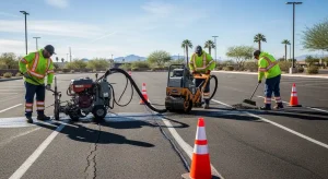 Professional crew repairing asphalt cracks in a commercial parking lot in Phoenix, AZ using modern paving equipment.