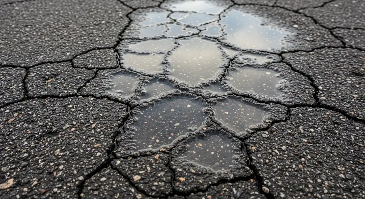 Close-up of asphalt cracks with water pooling, illustrating how moisture infiltrates and damages pavement.