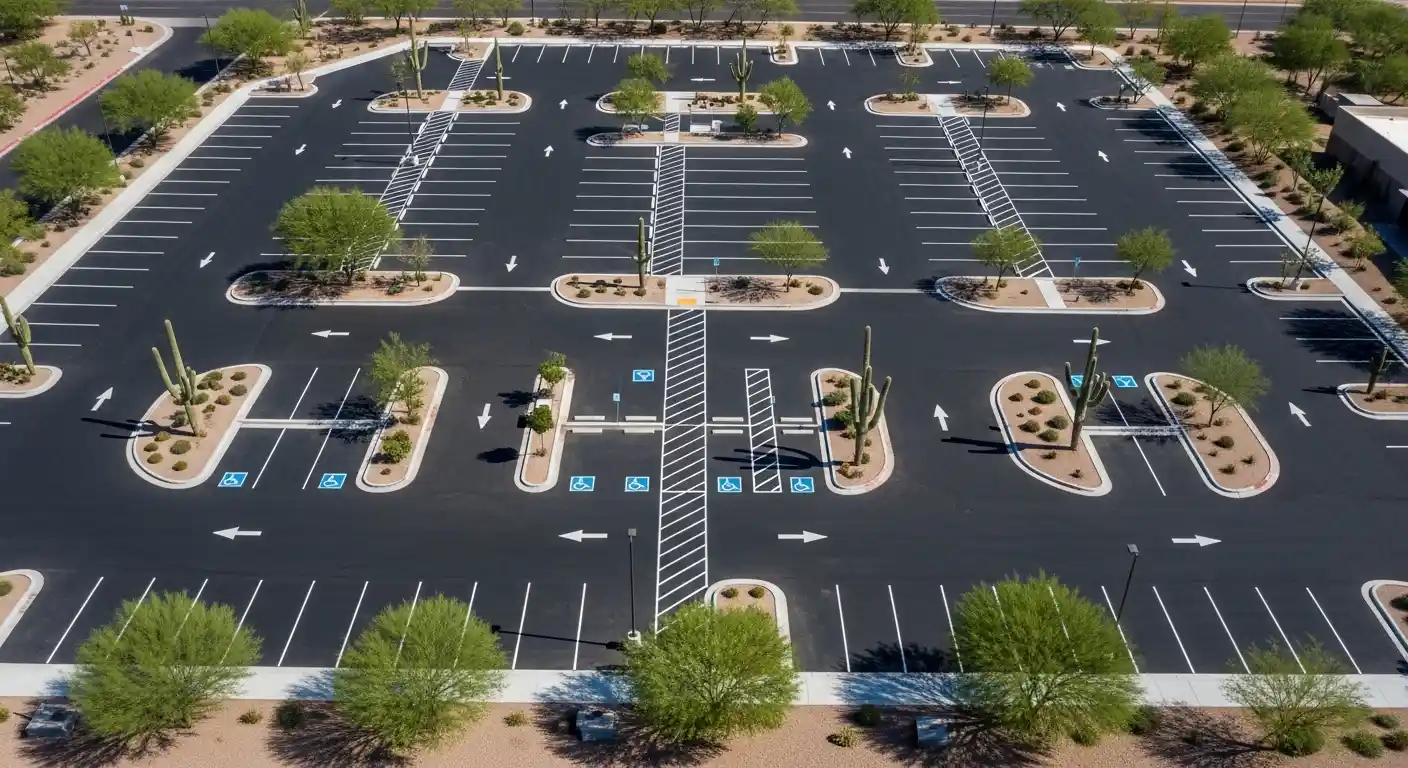 Aerial view of a well-maintained commercial asphalt parking lot in Phoenix, AZ, showing proper drainage, slope, and freshly painted lines.