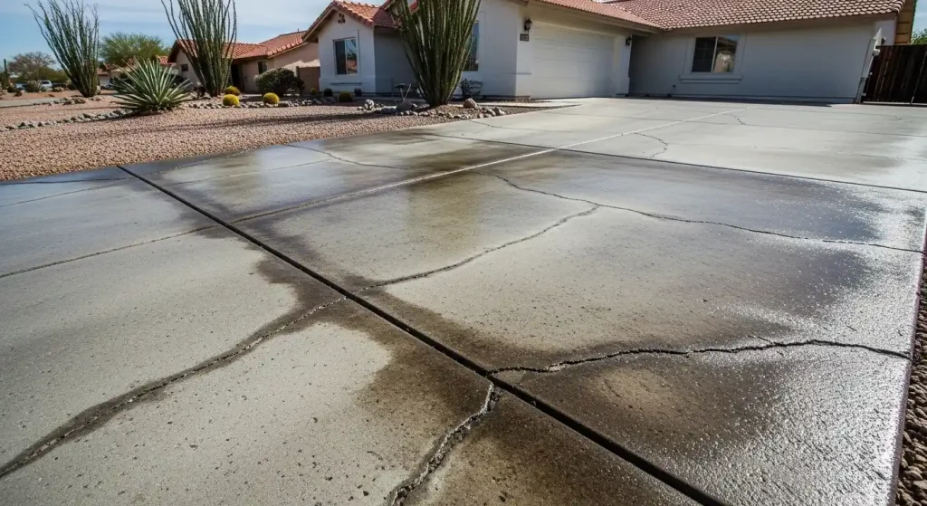 Peeling and blistering concrete sealer on residential driveway in hot climate