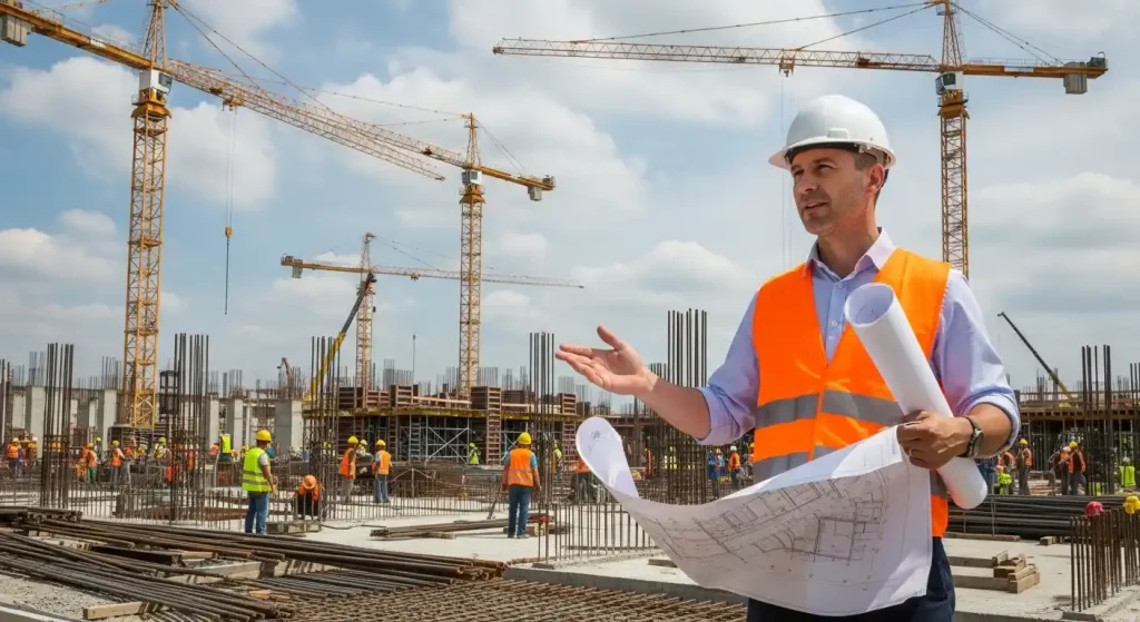 Construction manager supervising a busy construction site in Phoenix, AZ, wearing safety gear and holding blueprints.
