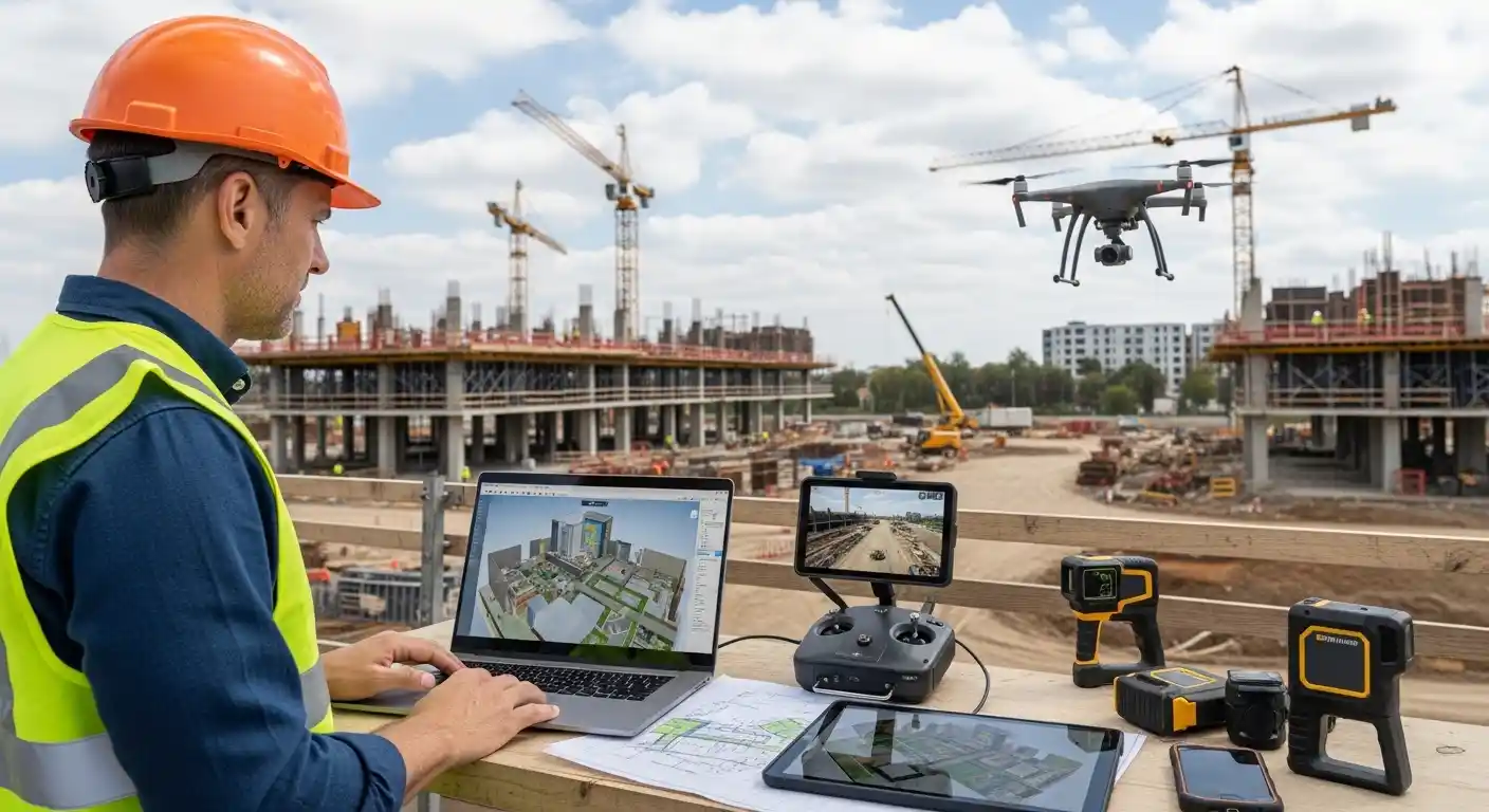 Construction manager using a drone and 3D BIM software to inspect a modern construction site in Phoenix, AZ.
