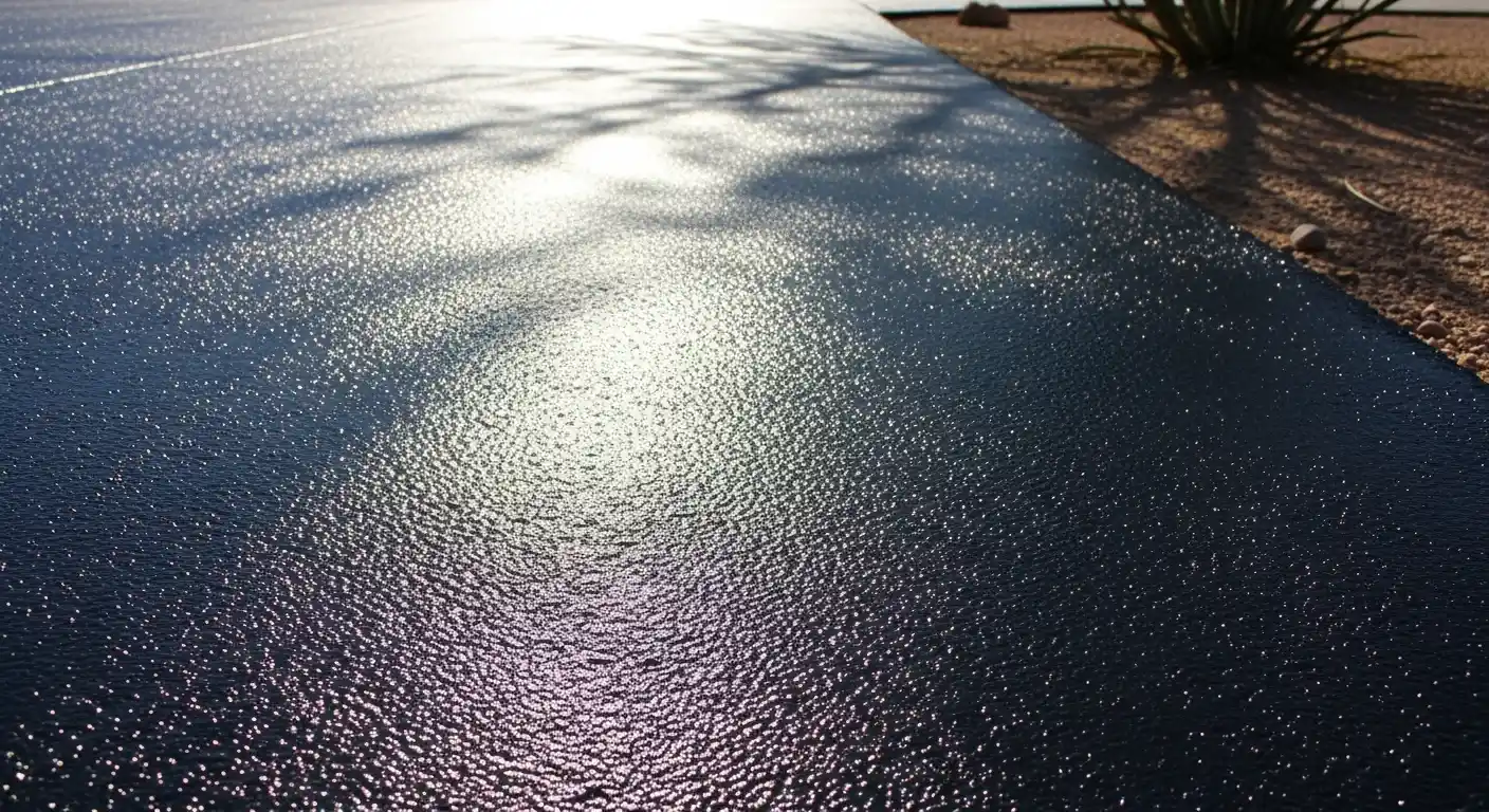 Close-up of a freshly sealed residential asphalt driveway in Phoenix, AZ, showing smooth black surface and sealcoat texture.