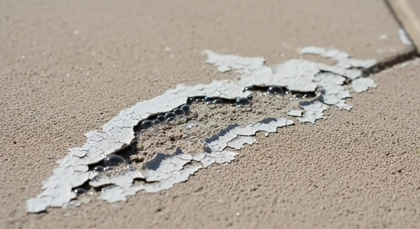 Bubbling concrete surface caused by trapped moisture beneath topical sealer