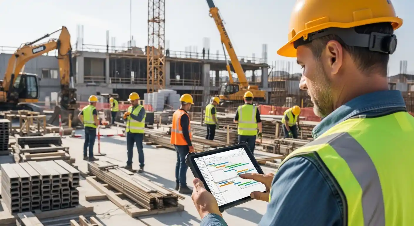 Construction manager reviewing project schedule on a tablet with Gantt charts, coordinating workers and machinery on site in Phoenix, AZ.