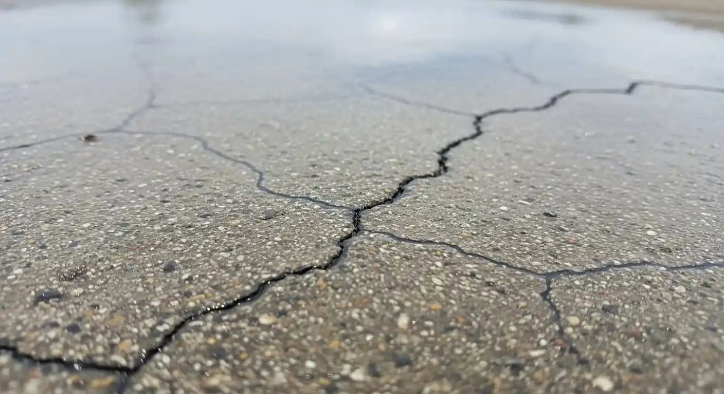Glossy sealed concrete patio surface appearing slippery after rain