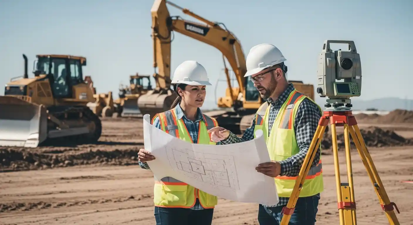 Construction team reviewing grading plans on-site in Phoenix, AZ with surveying equipment and heavy machinery