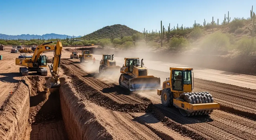 Construction grading project in Phoenix, AZ with heavy equipment shaping properly sloped desert terrain for foundation preparation