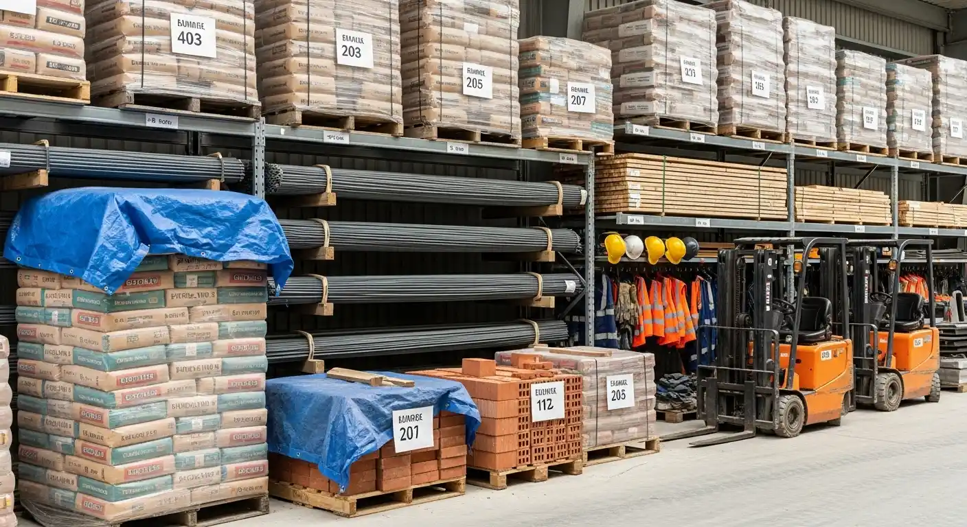 Organized construction material storage with labeled pallets, weather protection, and safety measures