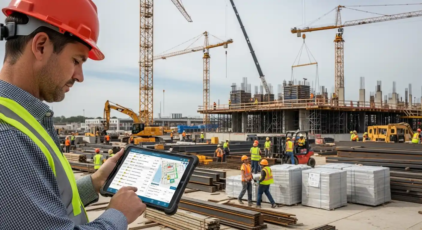 Construction site manager using tablet for digital material management on-site