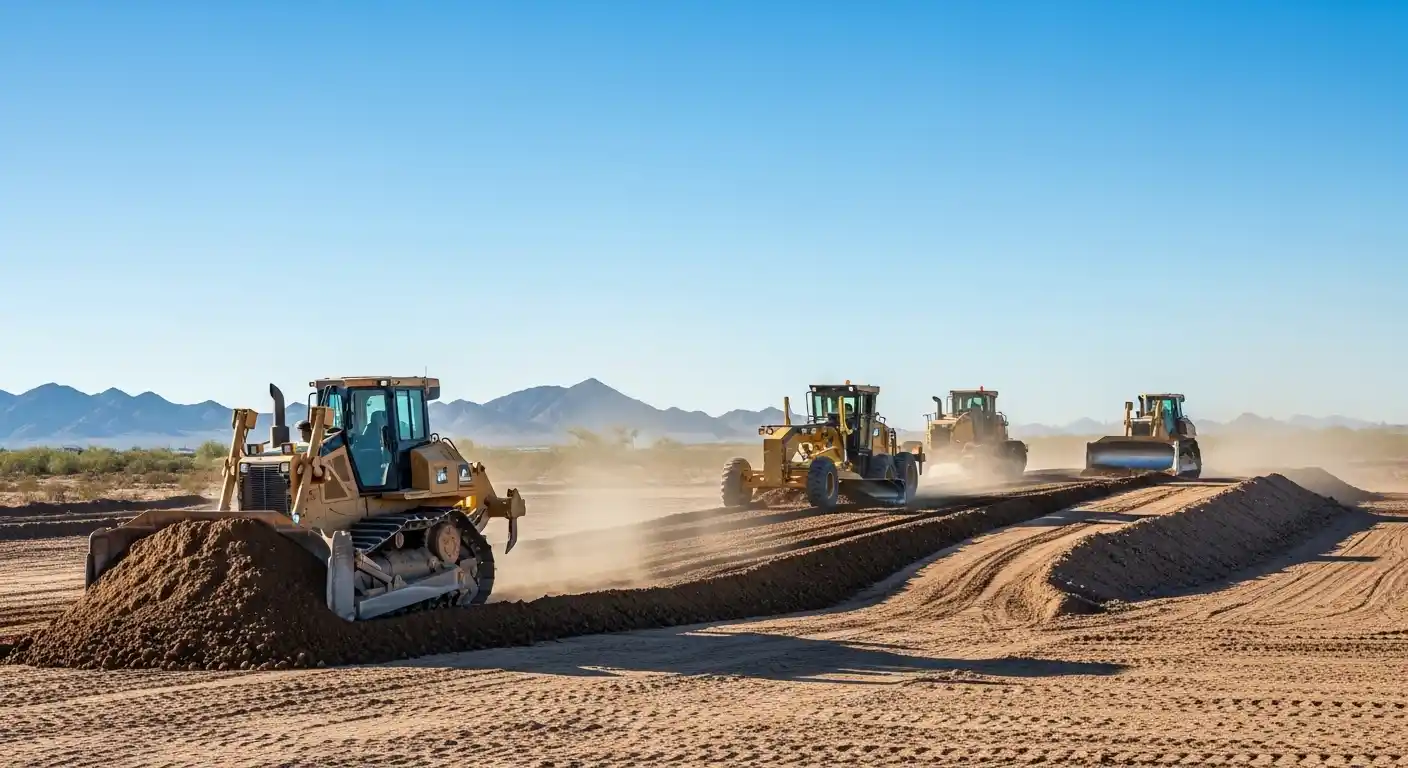 Cut and fill grading process at commercial construction site in Phoenix, AZ using heavy machinery