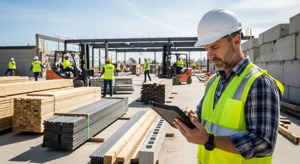 Construction project manager reviewing material plans on-site with organized building materials