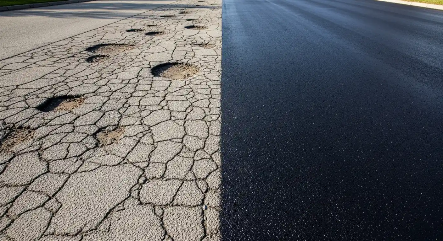 Before and after asphalt repair showing cracked pavement restored to a smooth surface in Phoenix AZ