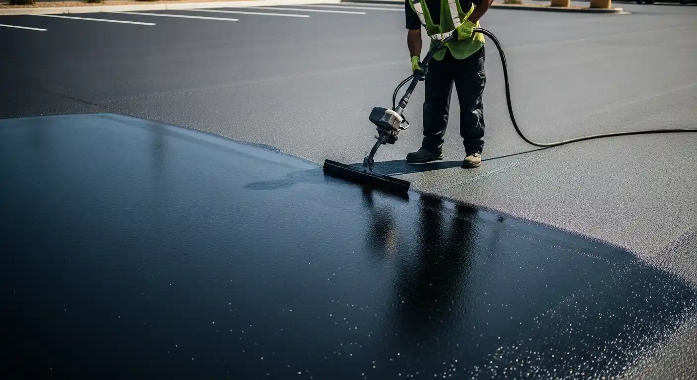 Sealcoating application on asphalt surface in Phoenix AZ to protect against UV rays and water damage