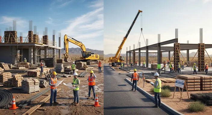 Comparison of construction project with and without proper management showing delays vs organized workflow.