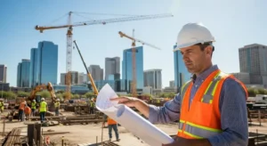 Construction manager supervising building project in Phoenix AZ construction site.