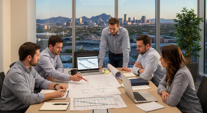 Construction team planning project schedule and budget in Phoenix Arizona.