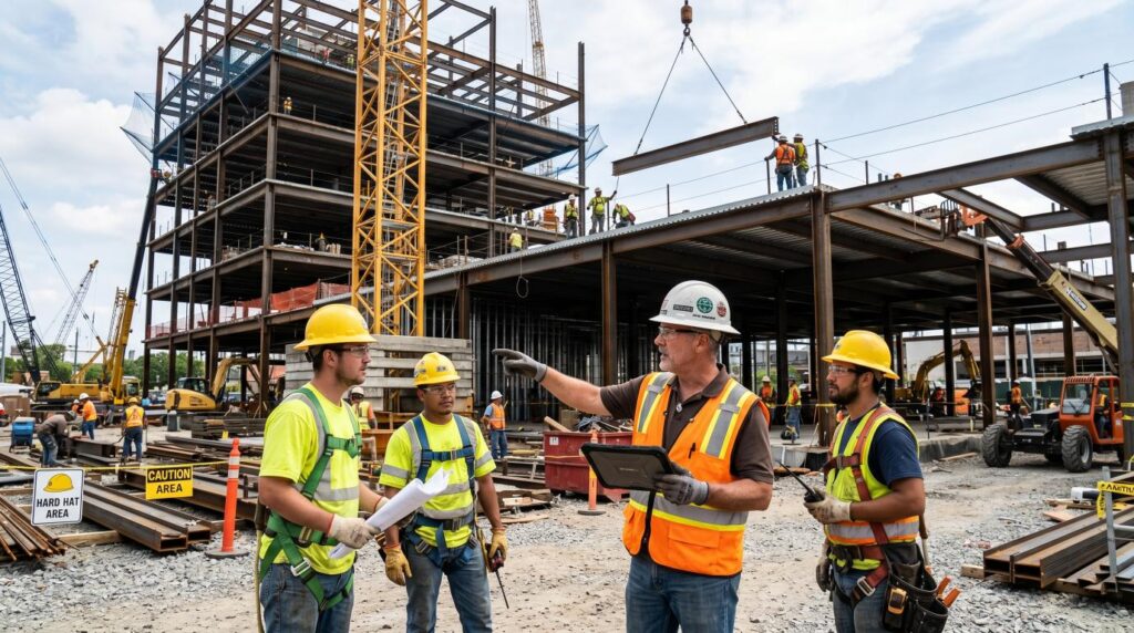 Construction manager supervising workers and safety procedures on a commercial construction site.