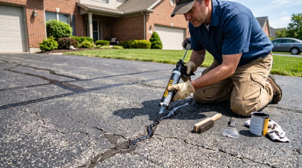 Homeowner sealing cracks in asphalt driveway using crack filler on a sunny day.
