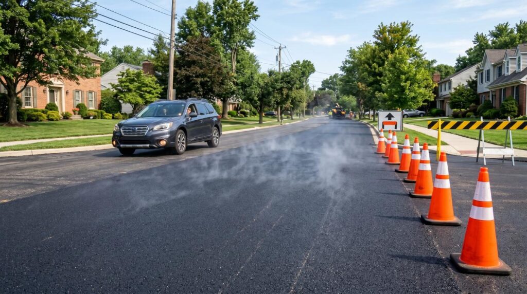 Freshly paved asphalt road with caution cones and a car waiting before driving on the new surface