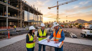 Construction manager supervising a commercial building project with engineers and workers on an active construction site in Phoenix, Arizona.