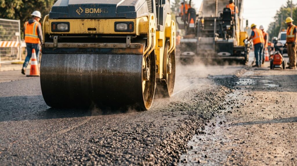 Fresh asphalt road being compacted during the drying and curing process