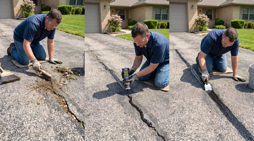 Step-by-step asphalt driveway crack sealing process using crack filler and tools.